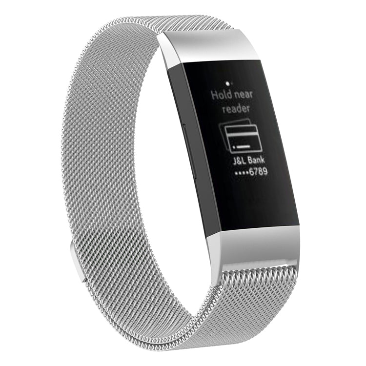 Stainless steel magnetic wrist strap with silver-gray mesh band for Fitbit Charge 4/3
