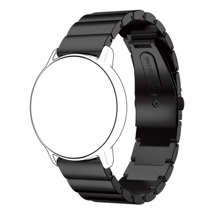 Black 22mm stainless steel watch strap with flat buckle, side view
