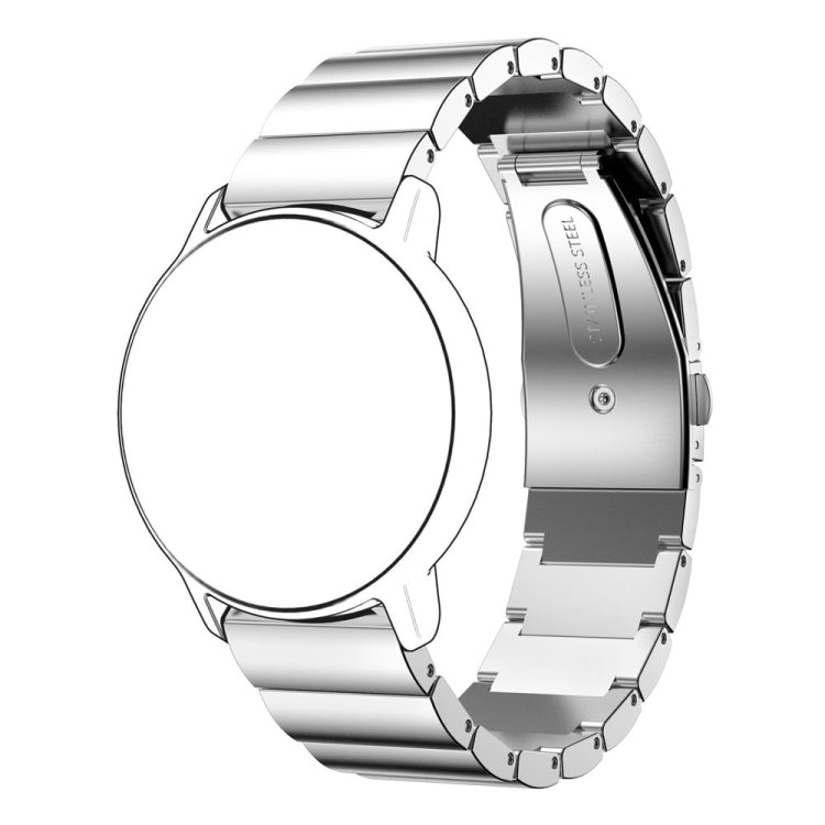 Silver 22mm stainless steel watch strap with flat buckle on watch
