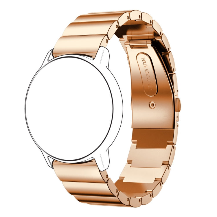 Rose gold 22mm stainless steel watch strap with flat buckle on watch