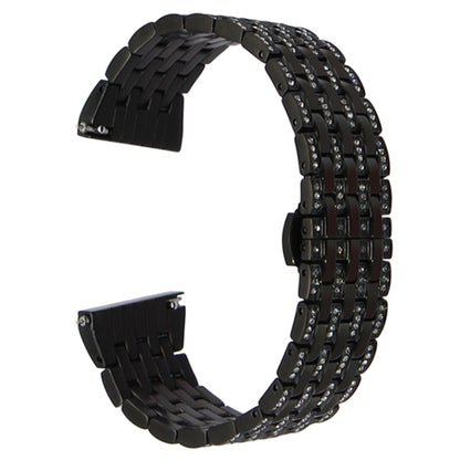 Black metal watch strap with woven link pattern and clasp end pieces