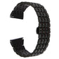Black metal watch strap with woven links and visible end connector pieces