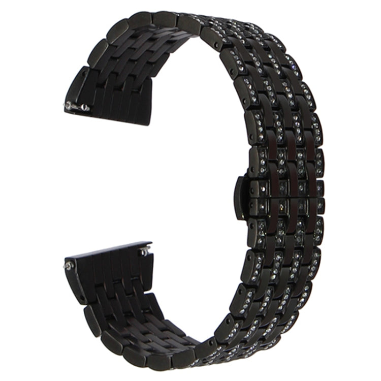 Black metal watch strap with woven links and visible end connector pieces