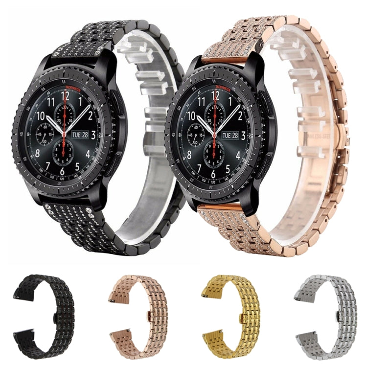 Metal watch strap in black and rose gold with rhinestone link accents