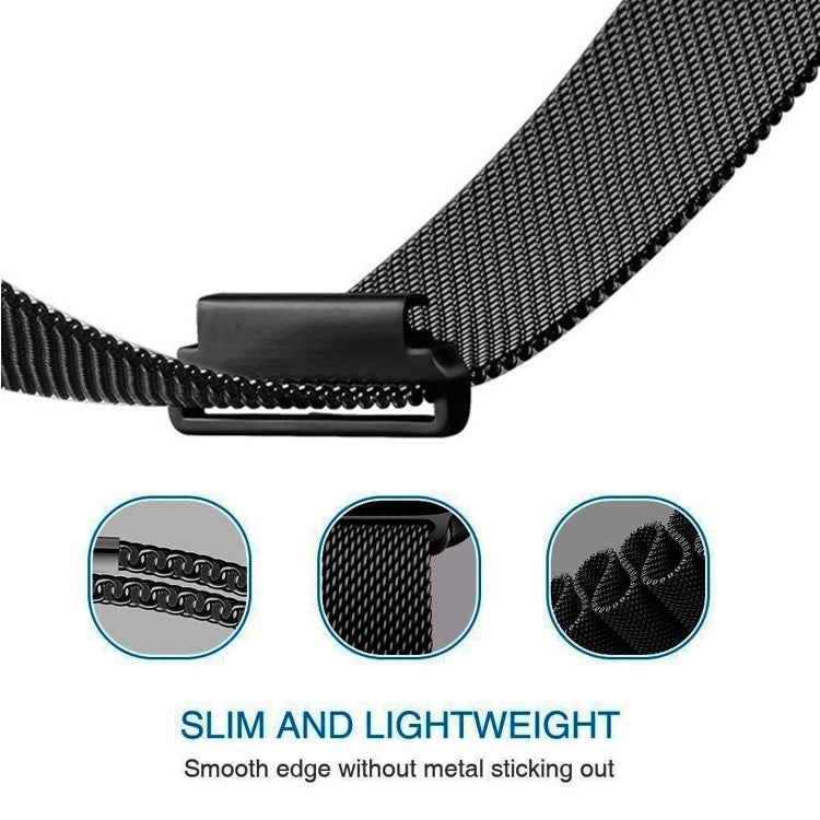 Black milanese metal watch strap with slim magnetic clasp and smooth edge finish detail.