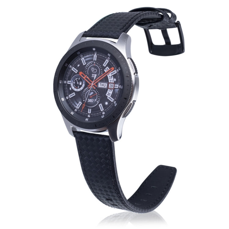 Black carbon fiber leather watch strap with textured surface and metal buckle