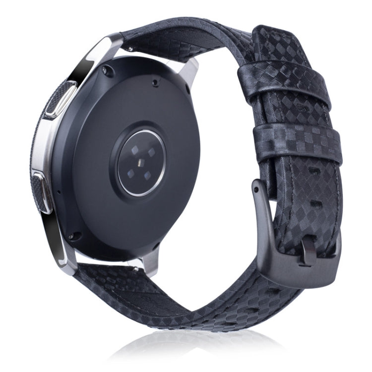 Black carbon fiber leather watch strap, side view with metal case mounting