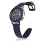 Black carbon fiber leather watch strap with orange stitching and buckle