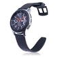 Black carbon fiber leather watch strap with red stitching and buckle