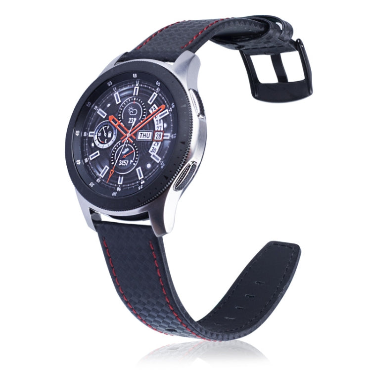 Black carbon fiber leather watch strap with red stitching and buckle
