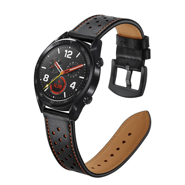 Black leather watch strap with orange stitching and perforations, with metal buckle.