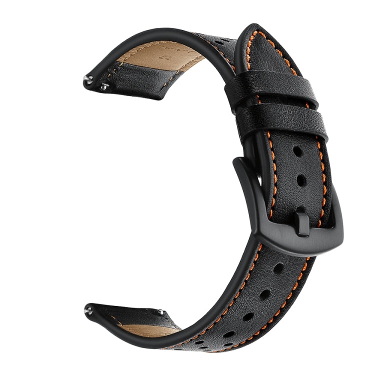 Black leather watch strap with orange stitching, punched holes, and metal buckle.