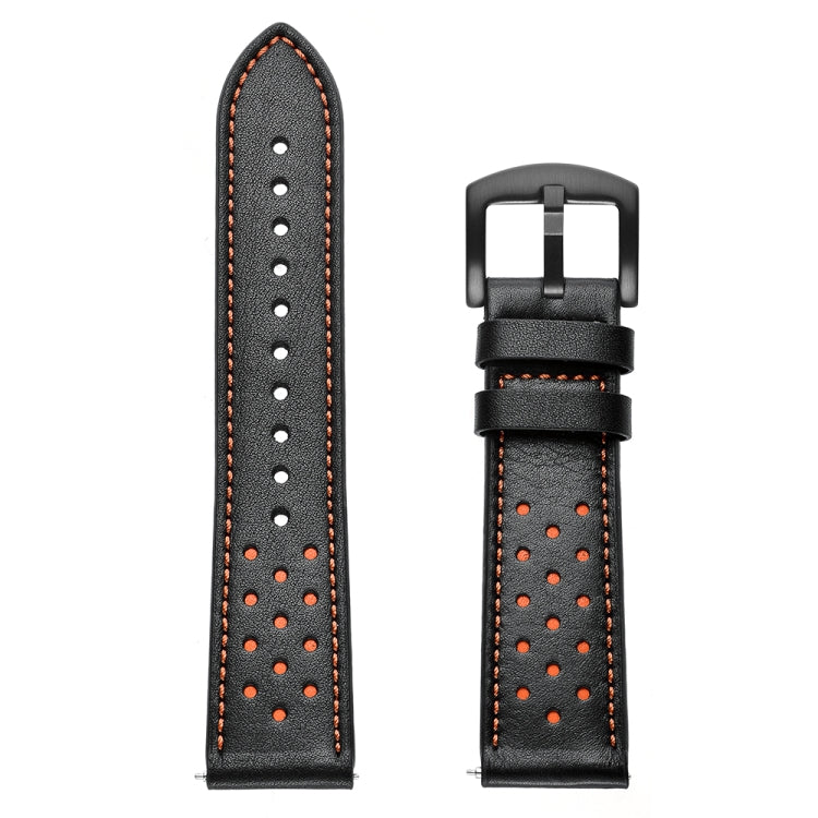 Black leather watch strap with orange edge stitching, perforated holes, and buckle.