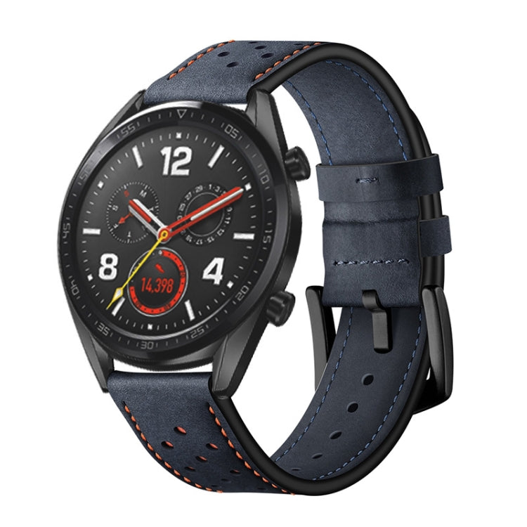 Blue leather watch strap with orange stitching, punched holes, and metal buckle.