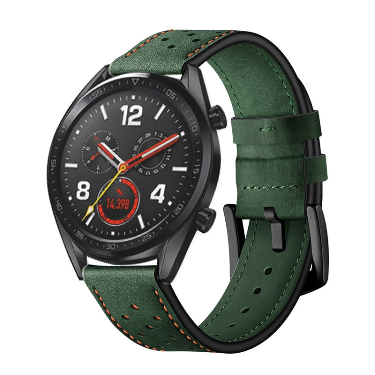 Green leather watch strap with orange stitching, punched holes, and metal buckle.