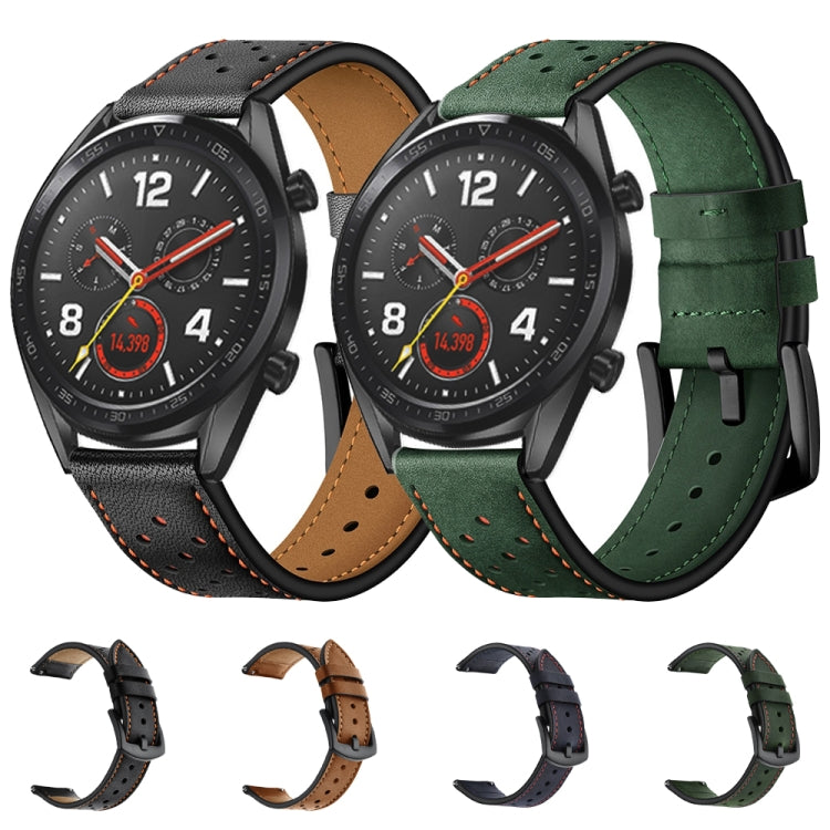 Set of perforated leather watch straps in black, brown, blue, and green with buckles.