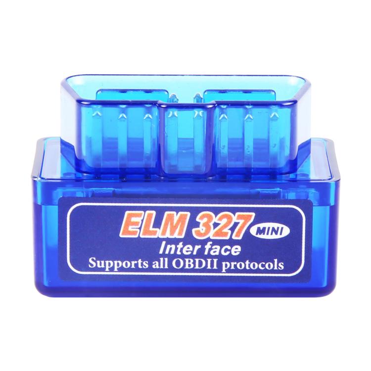 ELM327 mini OBD2 Bluetooth car diagnostic scanner, blue front with ELM327 label