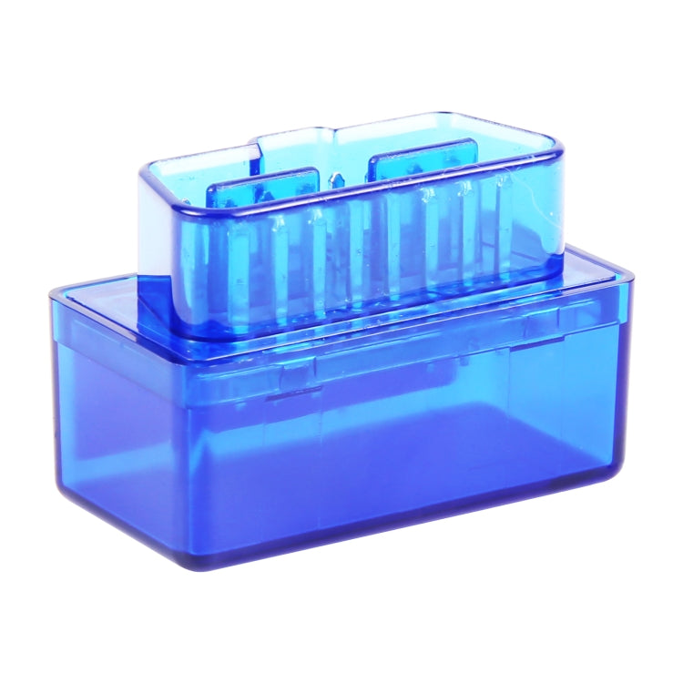ELM327 mini OBD2 Bluetooth scanner, translucent blue housing with protective cover