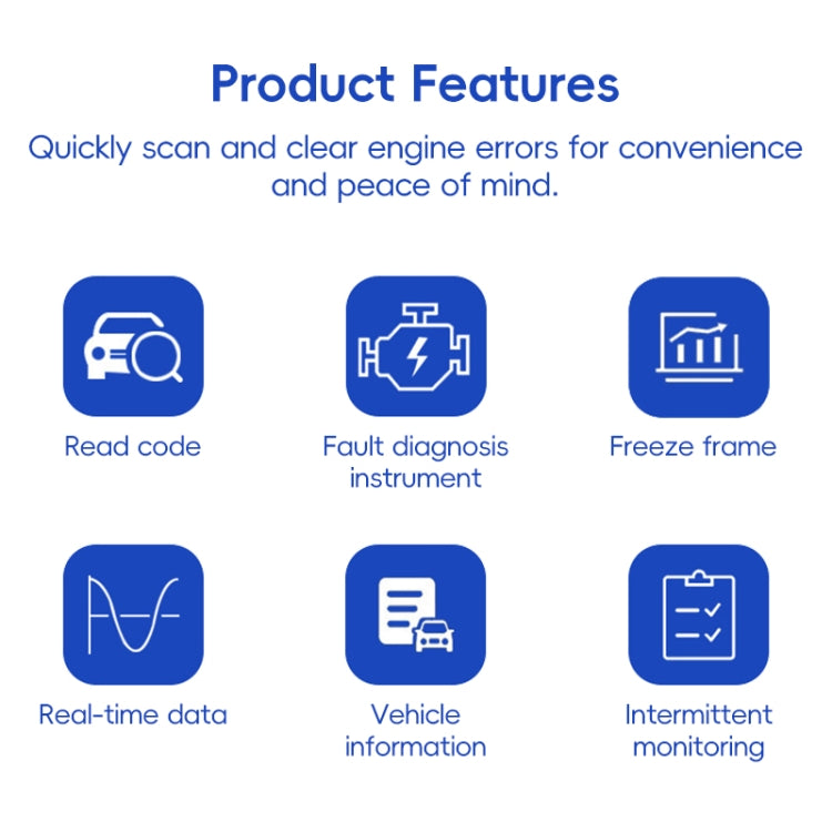 OBD2 diagnostic scanner feature icons panel: read code, fault diagnosis, freeze frame