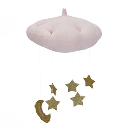 Pink plush cloud ceiling mobile with gold stars and a crescent moon ornament
