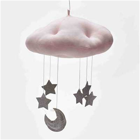 Pink plush cloud ceiling mobile with dark gray stars and a crescent moon ornament