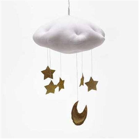 White plush cloud ceiling mobile with hanging gold stars and crescent moon charms