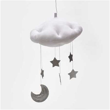 White plush cloud ceiling mobile with dark gray moon and star hanging charms