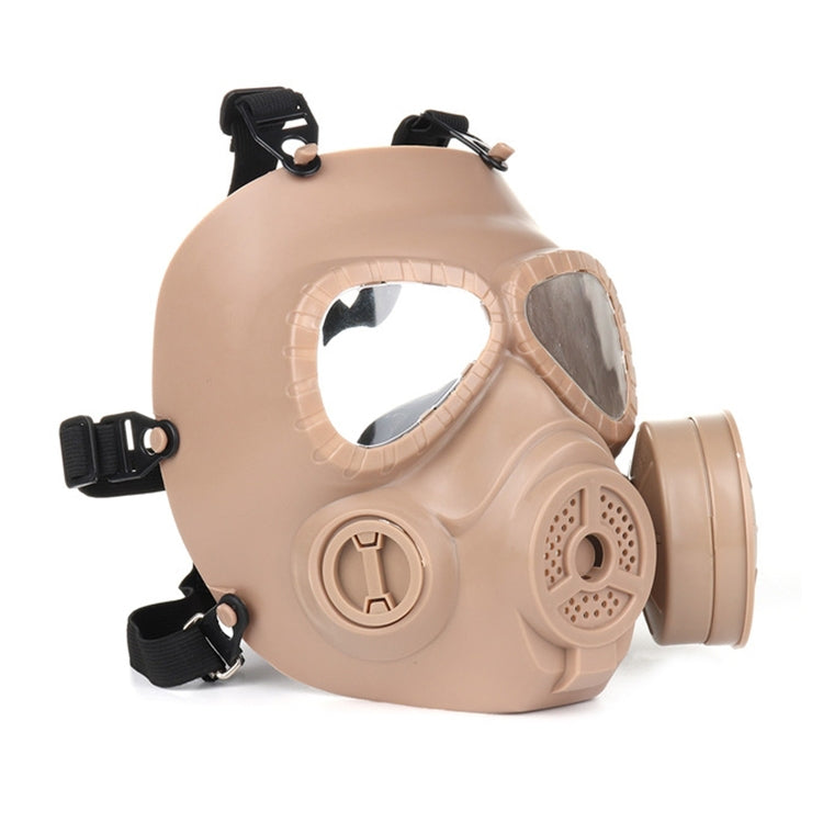 Khaki tactical gas mask with clear goggles and round side filter canister