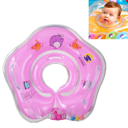 Pink inflatable baby swimming neck ring with cute animal prints and safety strap