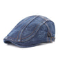 Washed denim beret with panel seams and curved brim, adjustable back strap