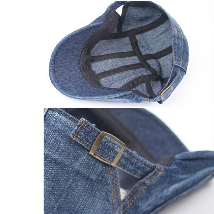 Washed denim beret interior view with lining and adjustable buckle strap