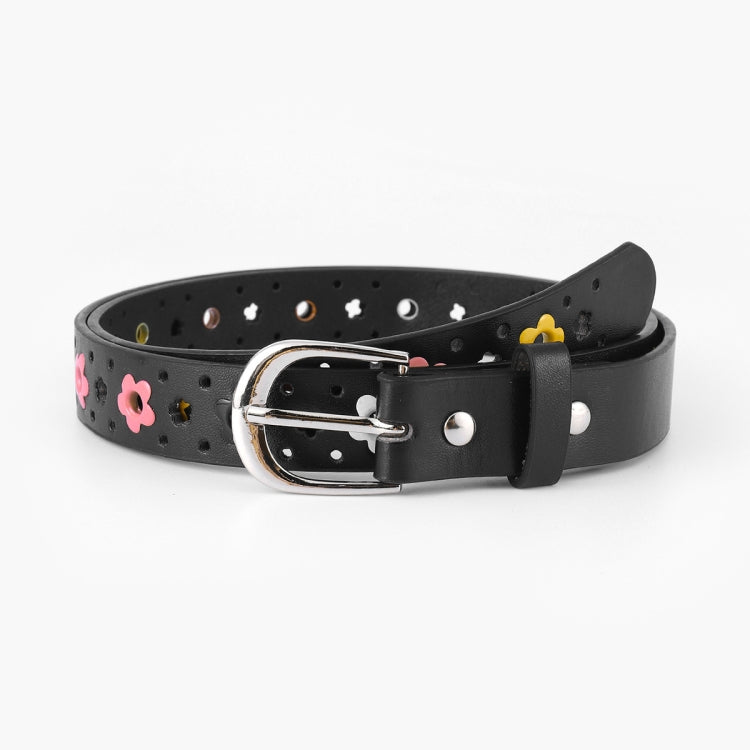Children’s black patterned belt with flower motifs, silver buckle, and metal eyelets