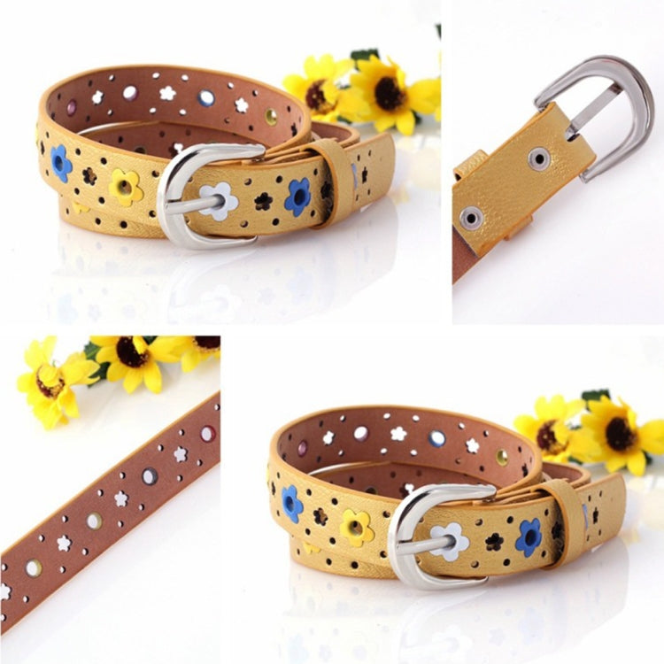 Brown children’s PU leather belt with yellow flower print and silver buckle