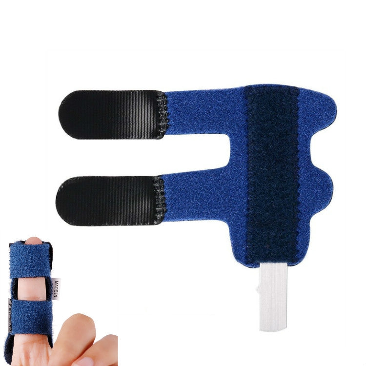 Blue finger correction splint with aluminum support rod and hook-and-loop straps.