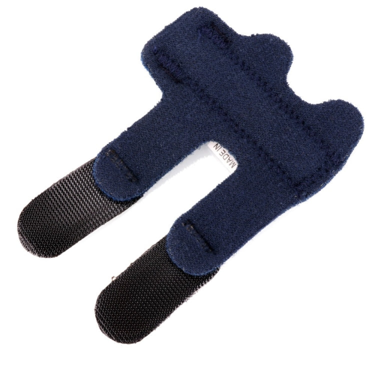 Blue finger splint brace with two padded bands and hook-and-loop closures.
