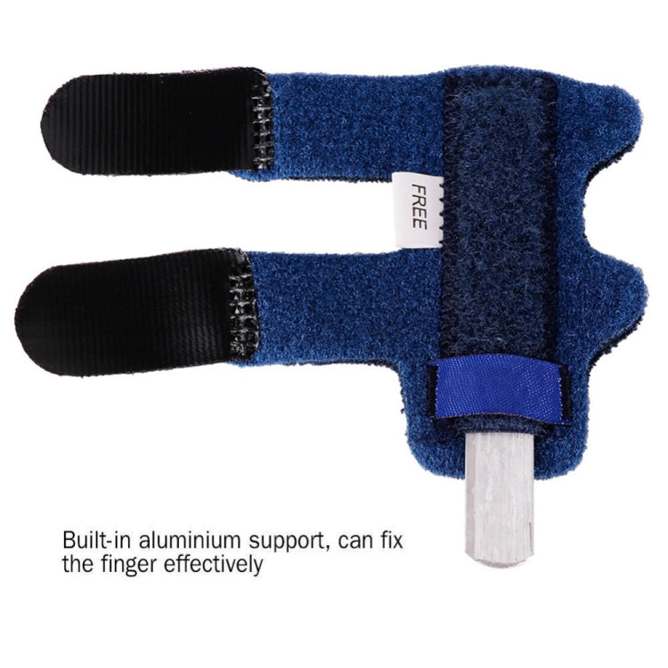 Blue finger splint brace with metal support rod and hook-and-loop straps.