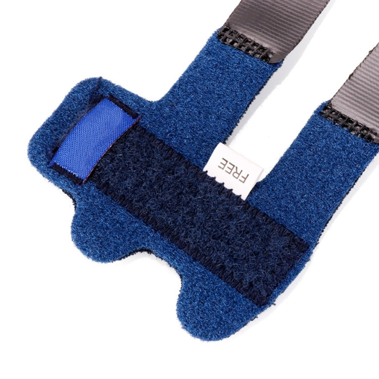 Blue finger splint with cushioned pads and hook-and-loop fastening straps.