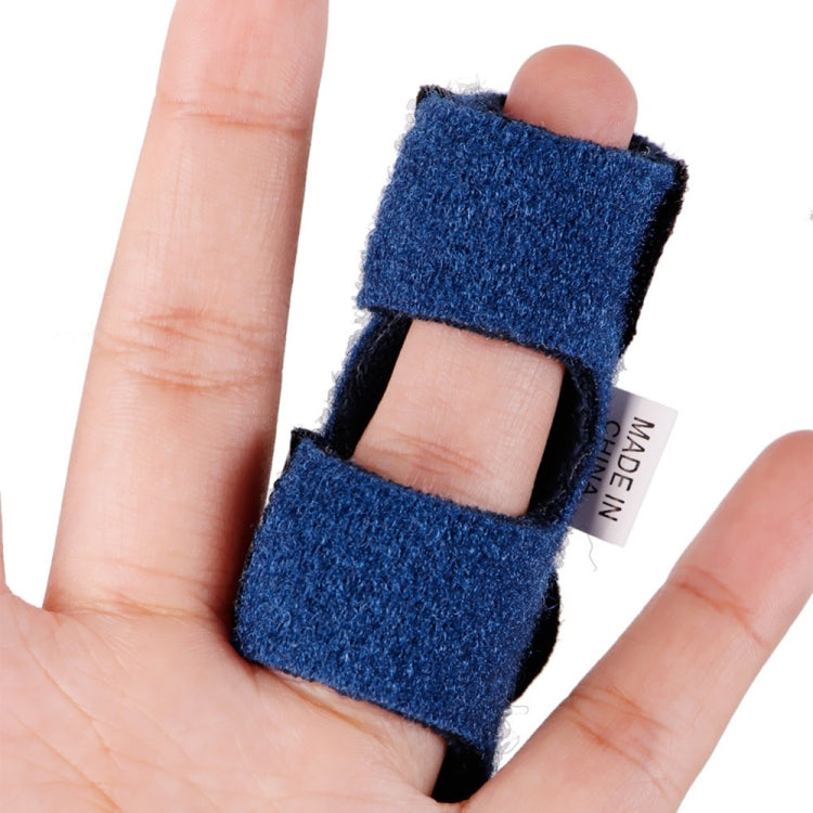 Blue finger splint worn on finger with hook-and-loop fastening.