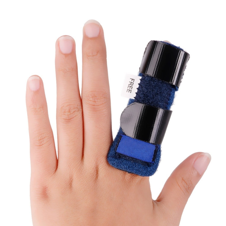 Blue finger splint on hand featuring reinforced metal support plates.
