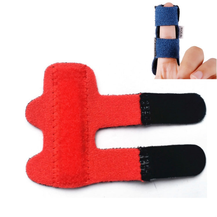 Red and black finger correction splint with two padded straps and hook-and-loop closure.