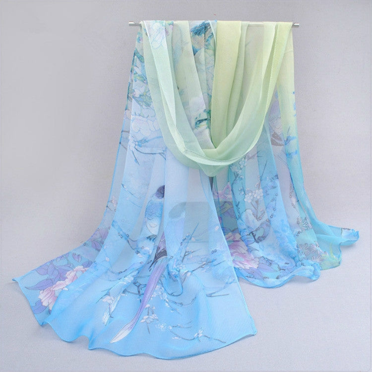 Folded water blue chiffon long scarf with floral print, thin sheer fabric