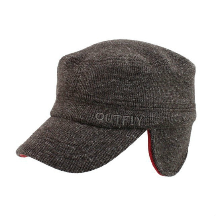 Coffee corduroy winter bomber hat with fold-down ear flaps and brim