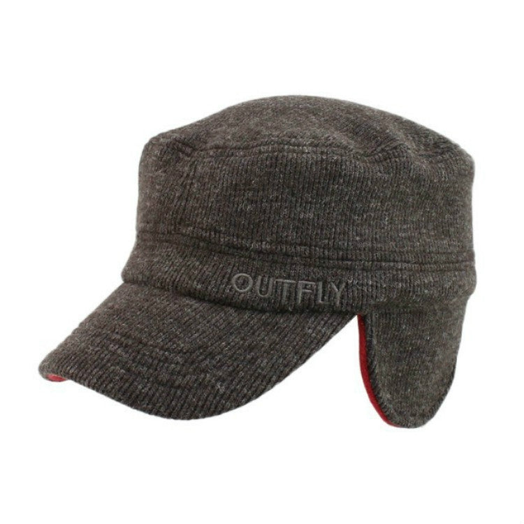 Coffee corduroy windproof cap with logo band and ear-flap style