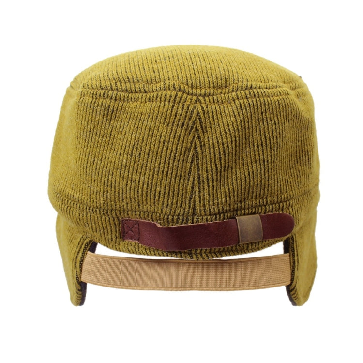 Mustard corduroy winter bomber hat with fold-down brim and ear flaps