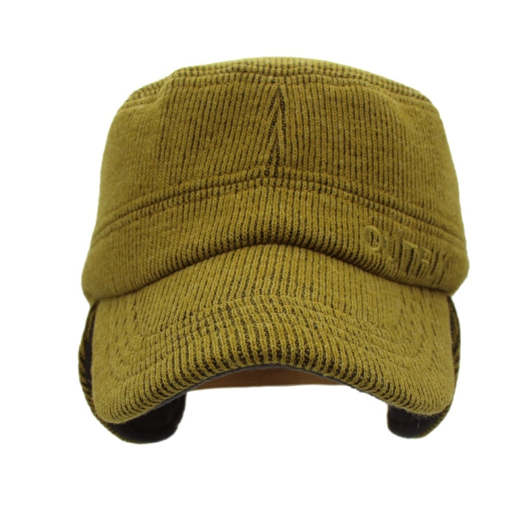 Mustard corduroy cap with stitched logo band and ear-flap sides