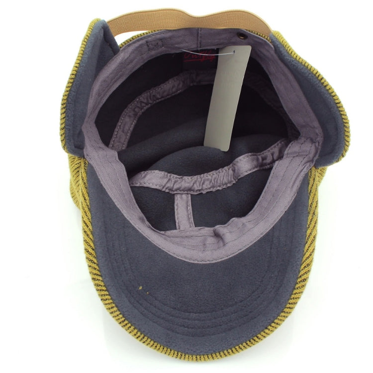 Mustard corduroy bomber hat interior with gray lining and adjustable strap