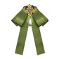Olive green satin bow with gold pearl and rhinestone floral brooch, dangling teardrop pearl