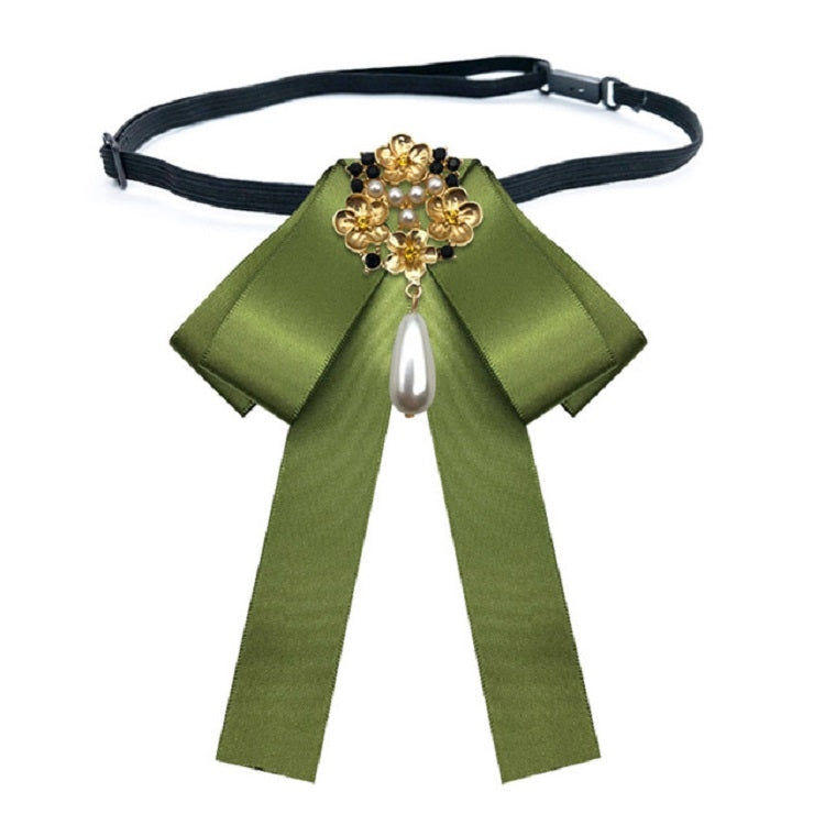 Olive green satin bow brooch with pearl rhinestone floral centerpiece and teardrop pearl strap