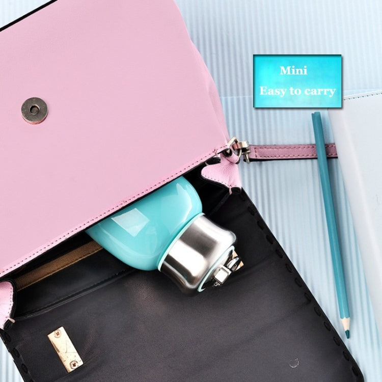 Mini vacuum flask in a pink-and-black zip pouch, turquoise bottle with stainless top.