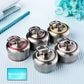 Mini stainless vacuum flasks with colored base accents and metal pull-ring lids.